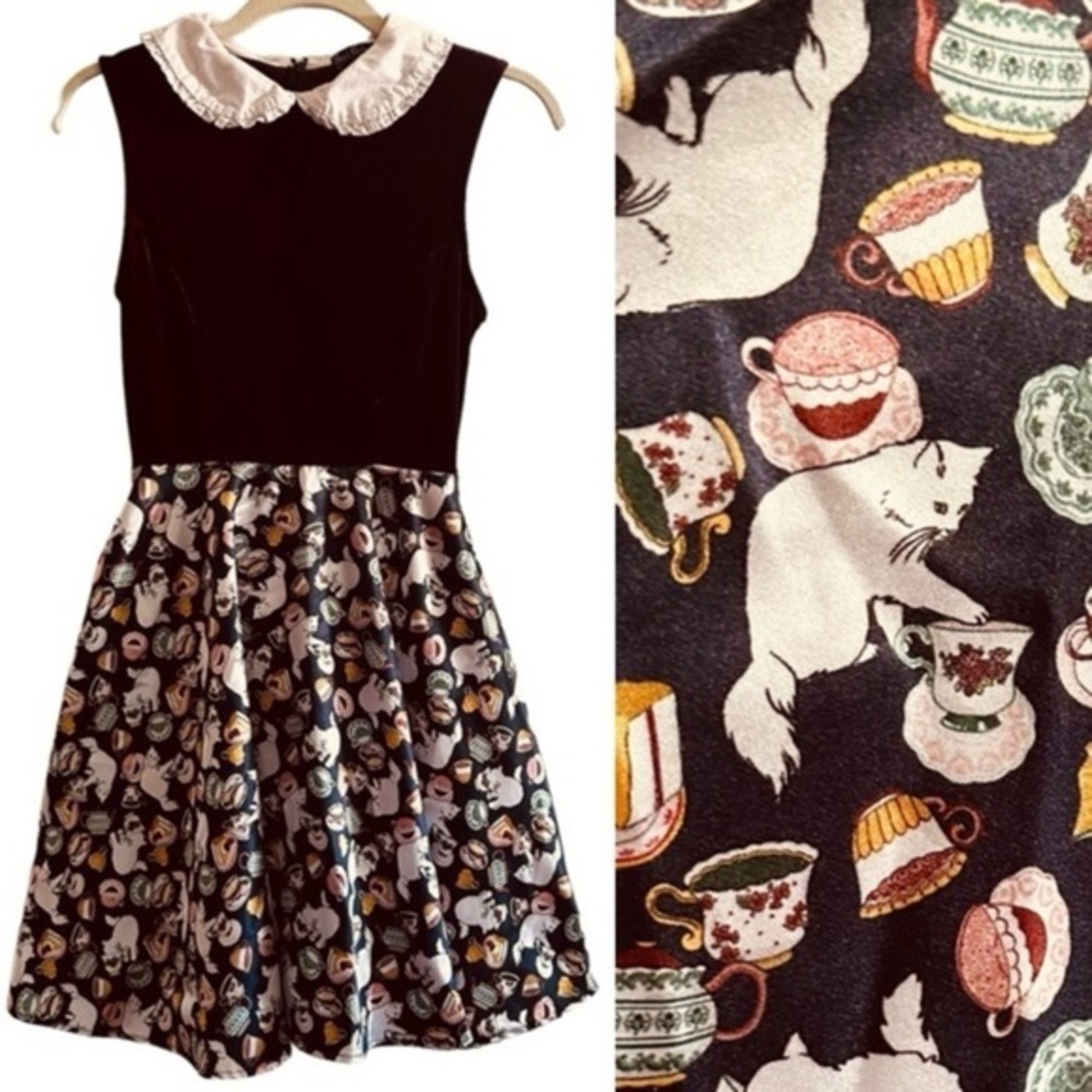 Vintage-Inspired Black Fit & Flare Dress with Cat and Teacup Print